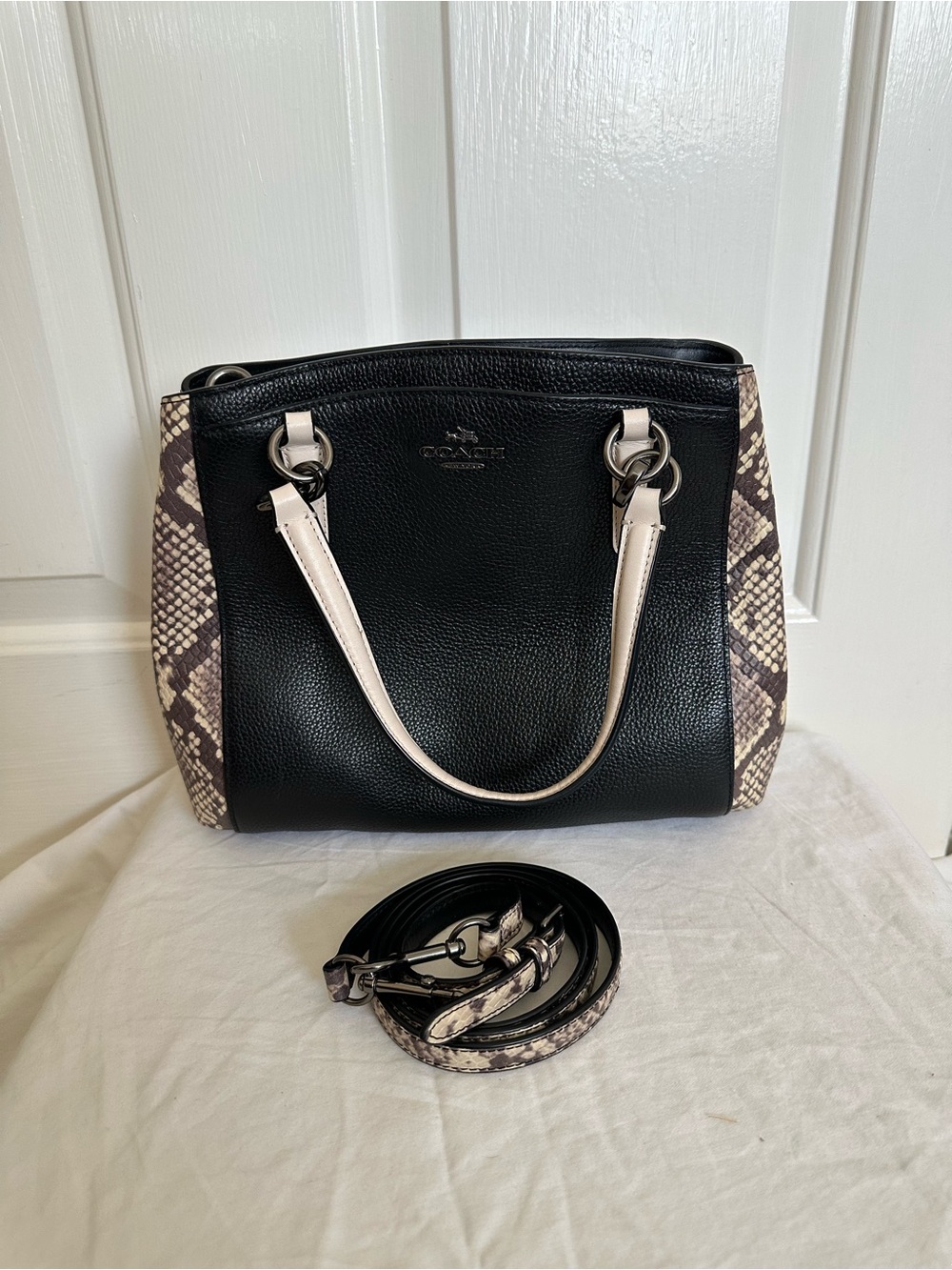 Coach Minetta Black Crossbody Bag with Snake-Print Sides